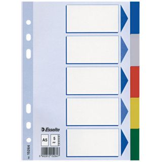 Przekładki z kolorowymi indeksami Esselte A5, 5 kolorów, plastikowe z kartą opisową 5 kart