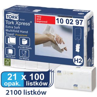 Ręczniki składane Tork Premium Extra Soft H2, biały papier celulozowy, 2-warstwowe, do dozowników 21 opakowań x 100 listków