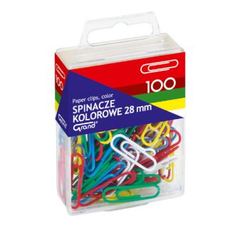 Spinacze kolorowe 28mm Grand, okrągłe powlekane, w pudełku plastikowym 100 sztuk