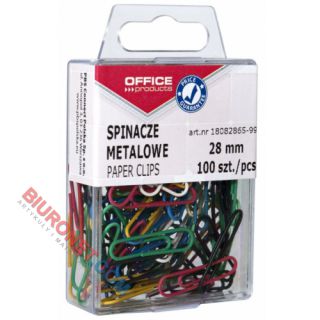 Spinacze okrągłe 28mm Office Products, powlekane, mix kolorów w plastikowym pudełku 100 sztuk