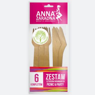 Sztućce drewniane Anna Zaradna, zestaw widelce i noże, biodegradowalne 6 kompletów