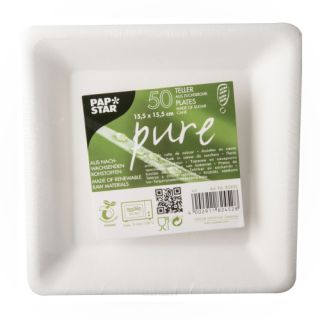 Talerze z trzciny cukrowej PapStar Pure, kwadratowe 15 x 15 cm, białe, biodegradowalne 50 sztuk