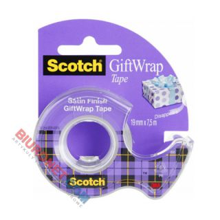 Taśma klejąca Scotch Gift Wrap z podajnikiem, niewidoczna, do pakowania prezentów 19mm x 7,5m