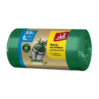 Worki na odpady Jan Niezbędny Zielony Dom, wiązane z uszami, zielone 35L x 22 sztuki