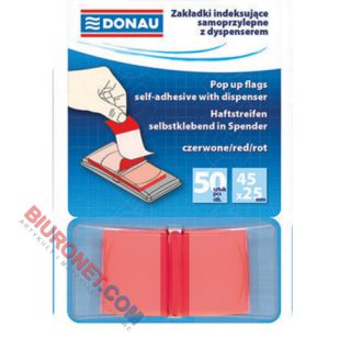 Zakładki indeksujące Donau 25 x 45 mm, foliowe paski w podajniku, 50 sztuk, transparentne czerwone 