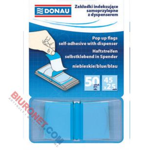Zakładki indeksujące Donau 25 x 45 mm, foliowe paski w podajniku, 50 sztuk, transparentne niebieskie