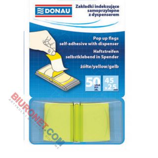 Zakładki indeksujące Donau 25 x 45 mm, foliowe paski w podajniku, 50 sztuk, transparentne żółte