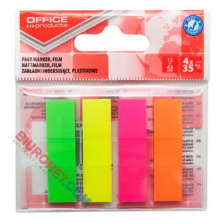 Zakładki indeksujące Office Products 12 x 43 mm, foliowe paski neonowe, 140 sztuk w zawieszce 4 kolory