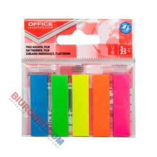 Zakładki indeksujące Office Products 12 x 45 mm, foliowe paski neonowe, 125 sztuk, zawieszka 5 kolorów