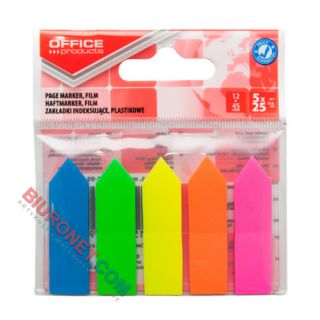 Zakładki indeksujące Office Products 12 x 45 mm, foliowe strzałki neonowe, 125 sztuk, zawieszka 5 kolorów
