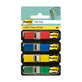 Zakładki indeksujące Post-it 12 x 43 mm, foliowe paski w podajniku, 4 x 35 sztuk 4 kolory