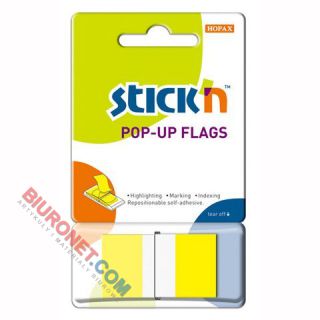 Zakładki indeksujące Stick'n Pop-Up Flags 25x45 mm, foliowe paski, 50 sztuk żółte
