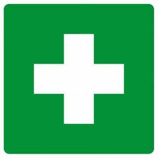 Znak tabliczka piktogram TDC, Pierwsza pomoc, krzyżyk na zielonym tle 10,5 x 10,5 cm