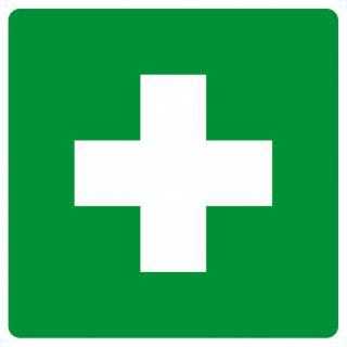 Znak tabliczka piktogram TDC, Pierwsza pomoc, krzyżyk na zielonym tle 10,5 x 10,5 cm