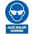 Znak BHP piktogram TDC, z napisem "Załóż okulary ochronne" 10,5 x 14,8 cm